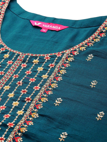 Varanga Women Plus Size Teal Embroidered Straight Kurta Paired With Tonal Bottom And Printed Dupatta.